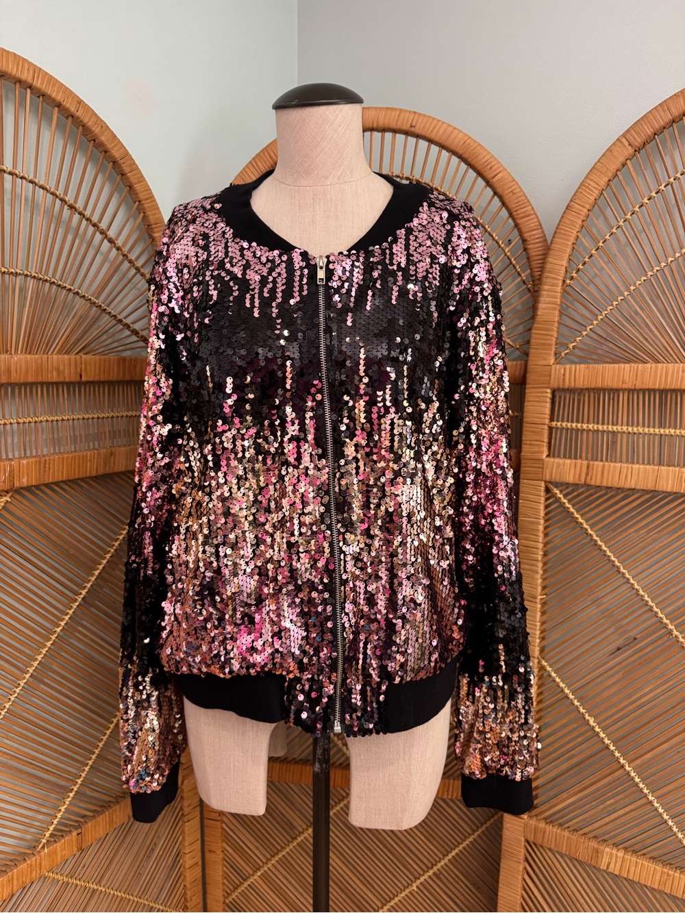 Forever 21 Ombré Pink and Gold Sequin Bomber Jacket, Size 2XL